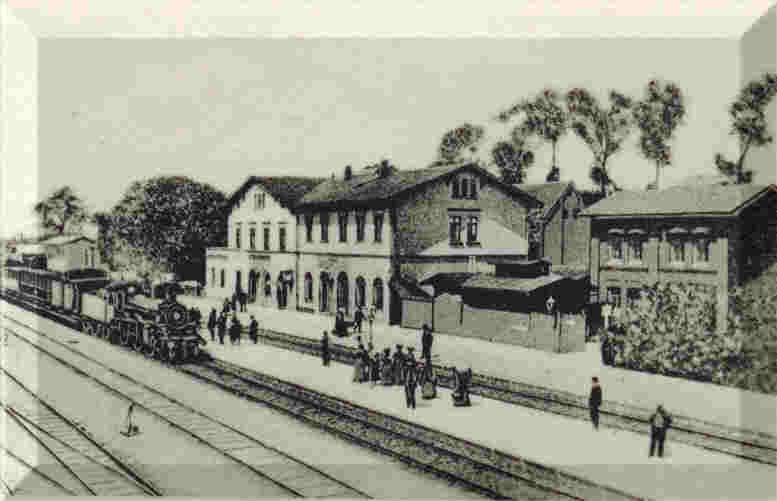 Bahnhof mit Dampflok, um 1880